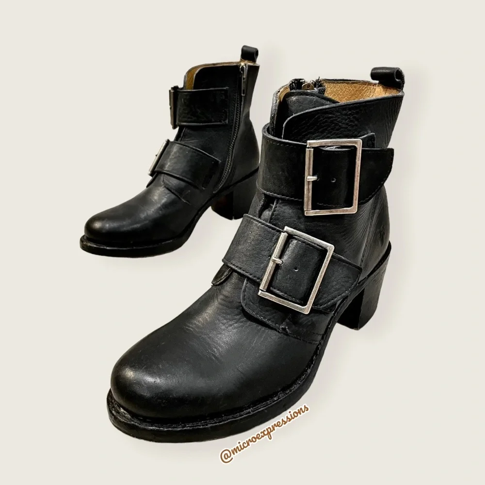 Frye Sabrina Double Buckle Vintage Academia Black Leather Block Heel Ankle Boot - Picture 10 of 16